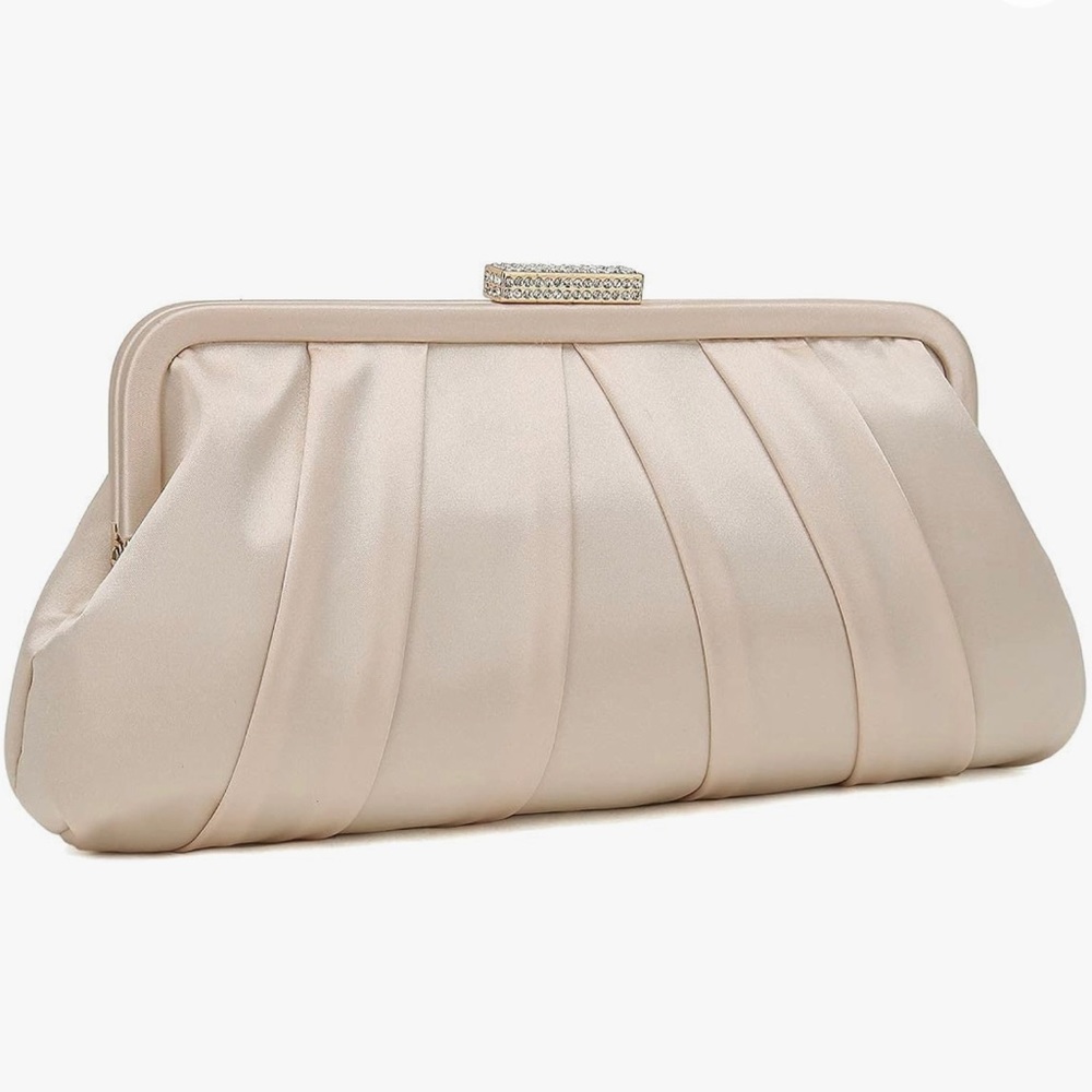 Classic Pleated Satin Clutch Bag - Champagne
